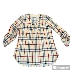 Youtalia Blouse Women Size M 3/4 or Long Sleeves V-Neck Plaid Shirt, Multicolor